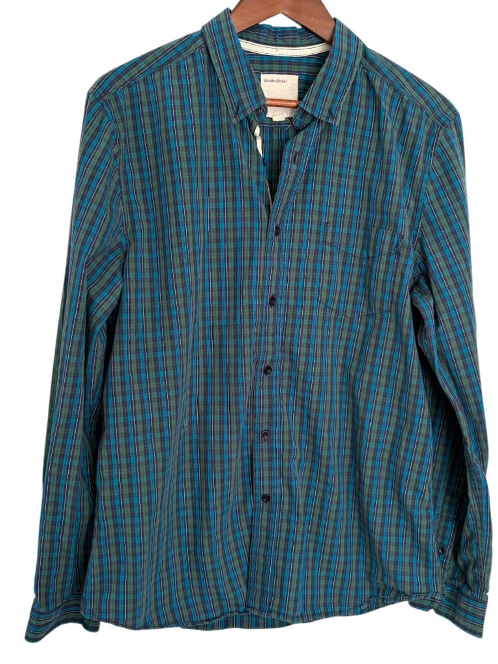 Life After Denim Button Down Dress Shirt Size 1 / Small Blue Green Plaid Cotton